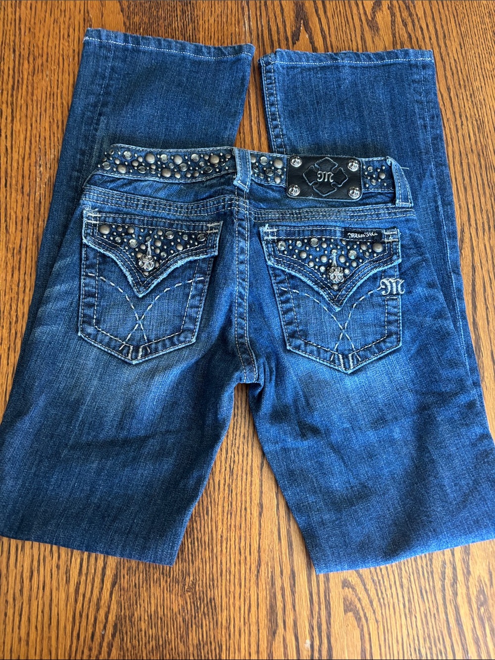 MISS ME JP42884 Studded and Jewelled Boot-Cut Jeans w/Back Flap Pockets (L-118)